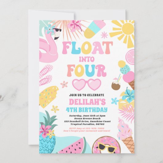 Invitation Flotter dans quatre Tropical Beach 4e fête d'anniv (Devant)