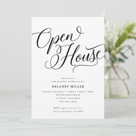 Invitation Flourish de script moderne, Fête Maison Noire Ouve (Debout devant)