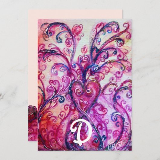 INVITATION FLOURS FANTASQUES ROSE COEUR MONOGRAMME FLORAL (Devant / Derrière)