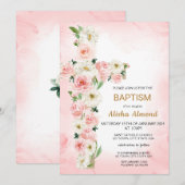 Invitation Flower Cross Baptism Invitation, Floral Christian (Devant / Derrière)