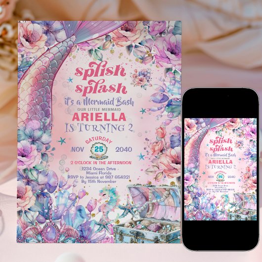 Invitation Flower Glitter Mermaid Tail 2nd Birthday