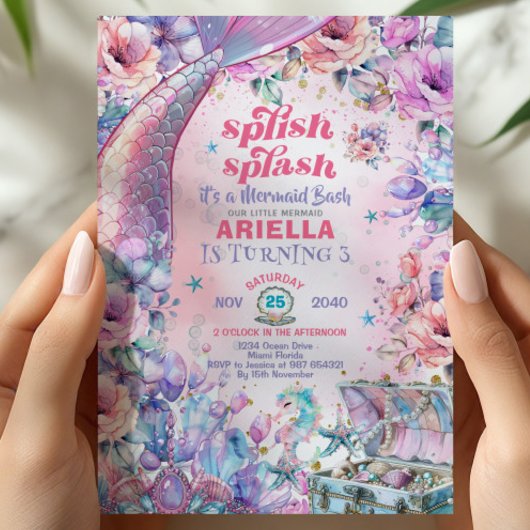 Invitation Flower Glitter Mermaid Tail 3rd Birthday 