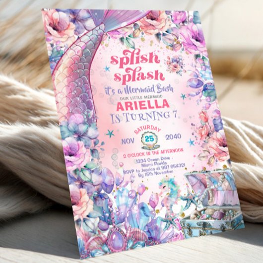 Invitation Flower Glitter Mermaid Tail 7th Birthday 