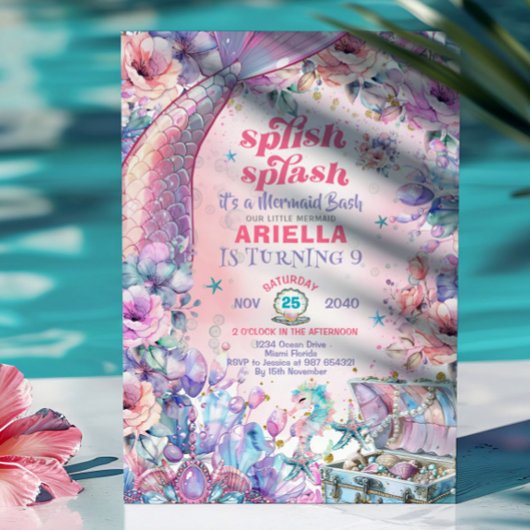 Invitation Flower Glitter Mermaid Tail 9th Birthday 