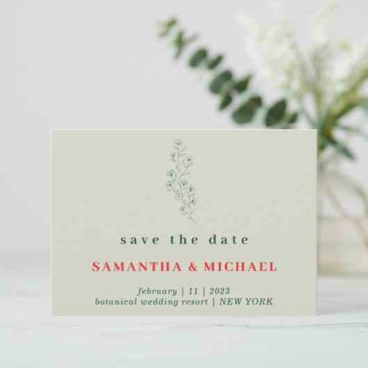 Invitation Flower Green Red Boho Rustic Enregistrer la date M (Debout devant)