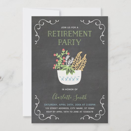 Invitation Flower Pot Chalkboard Green Retraite Party (Devant)