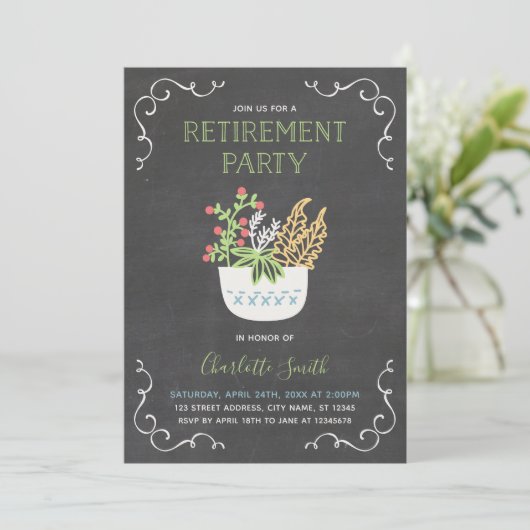 Invitation Flower Pot Chalkboard Green Retraite Party (Debout devant)