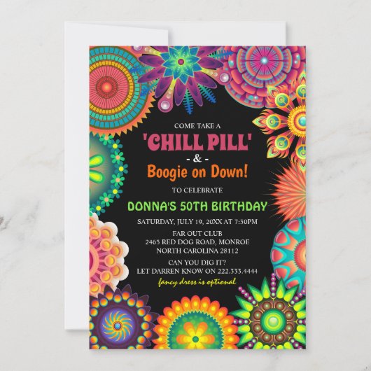 Invitation Flower Power 70's Colorful Birthday Party (Devant)