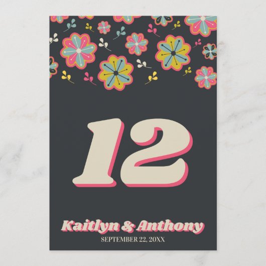 Invitation Flower Power 70's Retro Super Mariage Table No. (Devant)