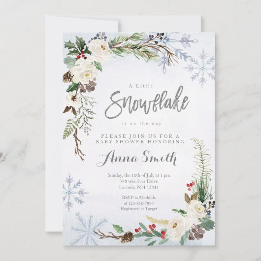 Invitation Flower Winter Snowflakes est sur le chemin baby sh (Devant)