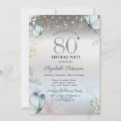 Invitation Flowers Blue Butterflies Silver 80th Birthday (Devant)