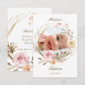 Invitation flowers wreath Baptism small thank you cards (Devant / Derrière)
