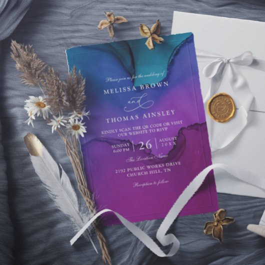 Invitation Flowing Luxury Ink Elegant Modern QR Code Wedding