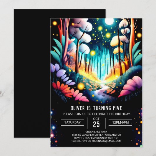 Invitation Fluciole éditable Forêt Anniversaire (Devant / Derrière)