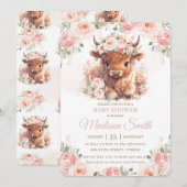 Invitation Fluffy Highland Cow Rose Blush Floral Baby shower (Devant / Derrière)