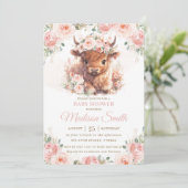 Invitation Fluffy Highland Cow Rose Blush Floral Baby shower (Debout devant)