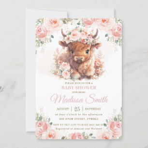 Invitation Fluffy Highland Cow Rose Blush Floral Baby shower