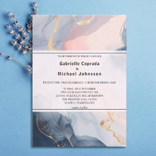 Invitation Fluid Agate Blush Rose Gris Art Aquarelle Mariage
