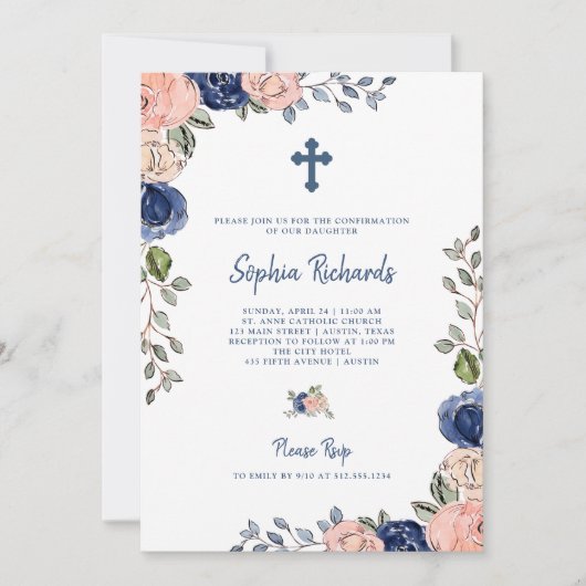 Invitation Flush et Navy Fleurs à main | Confirmations (Devant)