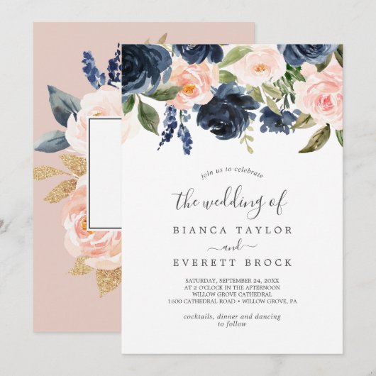 Invitation Flush et Navy Flowers | Blanc Le Mariage De (Devant / Derrière)