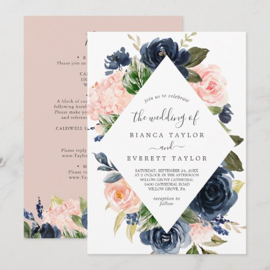 Invitation Flush et Navy Flowers | Blanc Tout en un Mariage (Devant / Derrière)