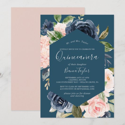 Invitation Flush et Navy Flowers | Blue Quinceañera (Devant / Derrière)