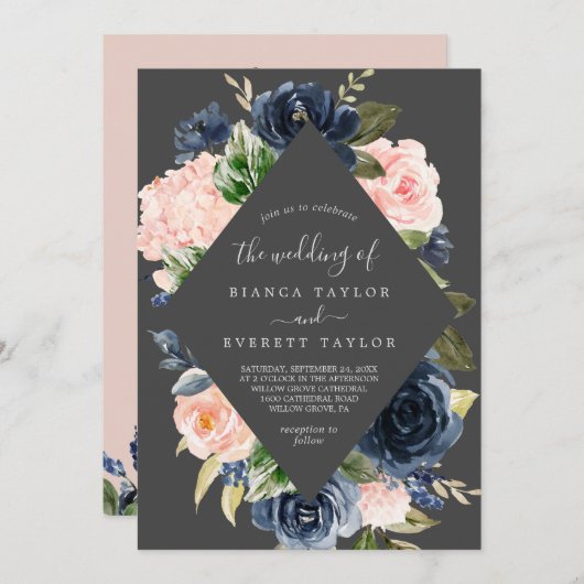 Invitation Flush et Navy Flowers | Gris tout en un Mariage (Devant / Derrière)