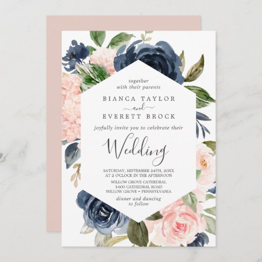 Invitation Flush et Navy Flowers | Mariage blanc (Devant / Derrière)