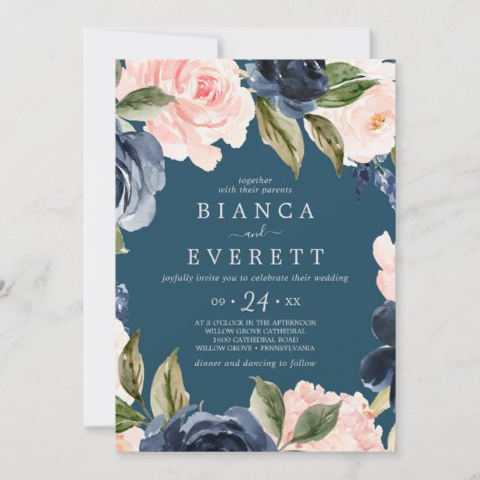 Invitation Flush et Navy Flowers | Mariage Décontracté bleu (Devant)