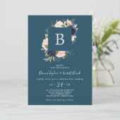 Invitation Flush et Navy Flowers | Mariage Monogramme bleu (Debout devant)