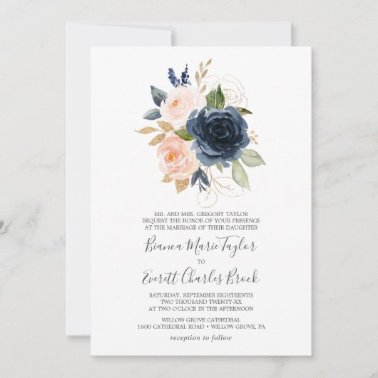 Invitation Flush et Navy Flowers | Mariage officiel blanc (Devant)