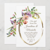 Invitation Flush Peach Floral Gold Frame Christian Mariage (Devant / Derrière)