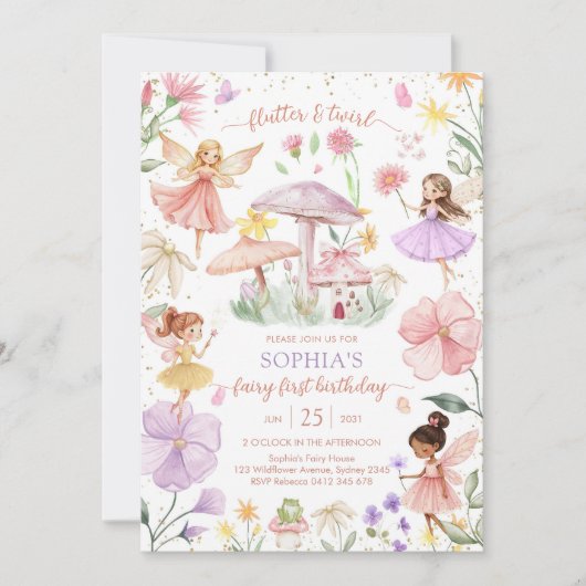 Invitation Flutter and Twirl Fairy First 1st Birthday (Devant)