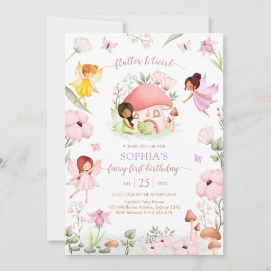 Invitation Flutter and Twirl Fairy First 1st Birthday (Devant)