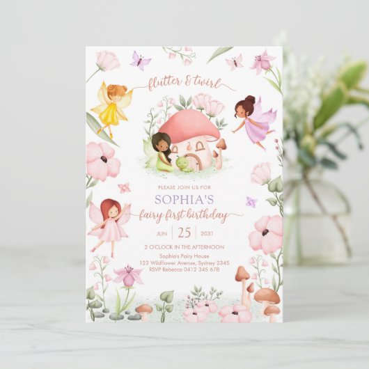 Invitation Flutter and Twirl Fairy First 1st Birthday (Debout devant)