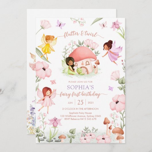 Invitation Flutter and Twirl Fairy First 1st Birthday (Devant / Derrière)
