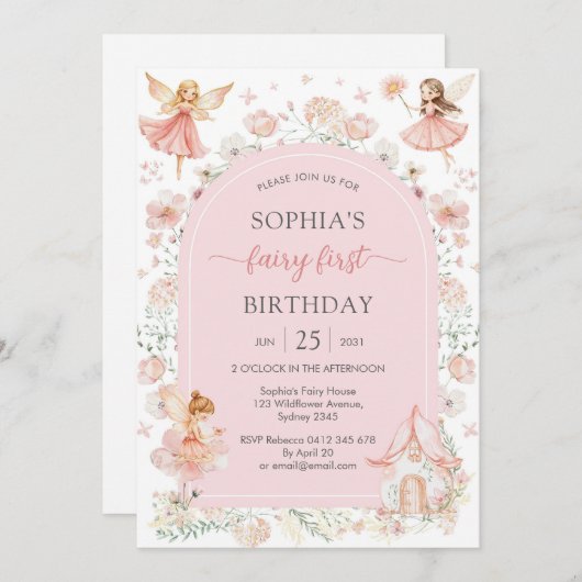 Invitation Flutter and Twirl Fairy First 1st Birthday (Devant / Derrière)