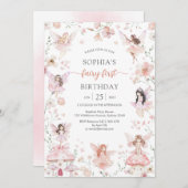 Invitation Flutter and Twirl Fairy First 1st Birthday (Devant / Derrière)