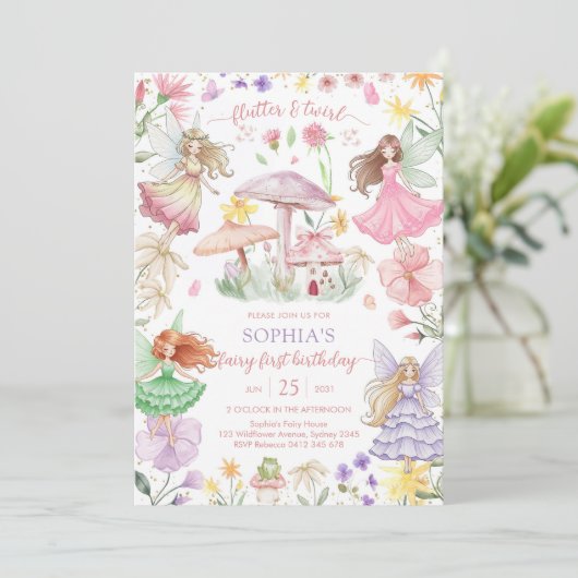 Invitation Flutter and Twirl Fairy First 1st Birthday (Debout devant)