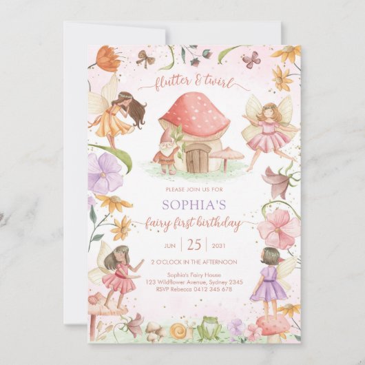 Invitation Flutter and Twirl Fairy First 1st Birthday (Devant)