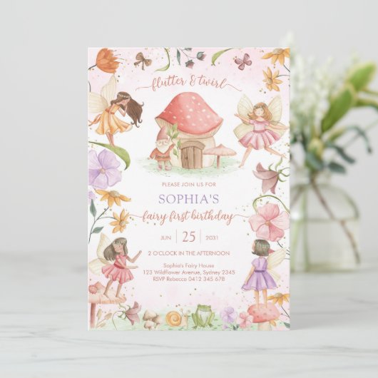 Invitation Flutter and Twirl Fairy First 1st Birthday (Debout devant)