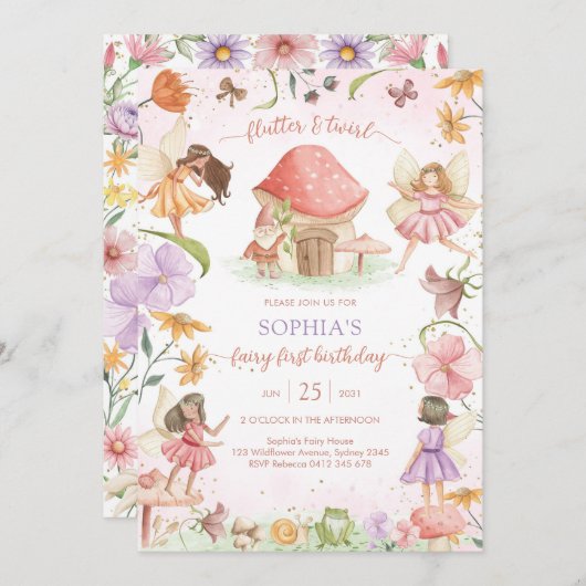 Invitation Flutter and Twirl Fairy First 1st Birthday (Devant / Derrière)