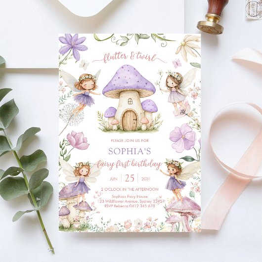 Invitation Flutter and Twirl Fairy First 1st Birthday