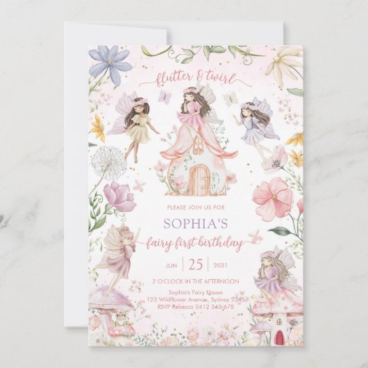 Invitation Flutter and Twirl Fairy First 1st Birthday (Devant)