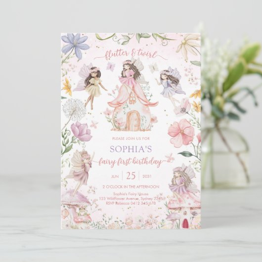 Invitation Flutter and Twirl Fairy First 1st Birthday (Debout devant)