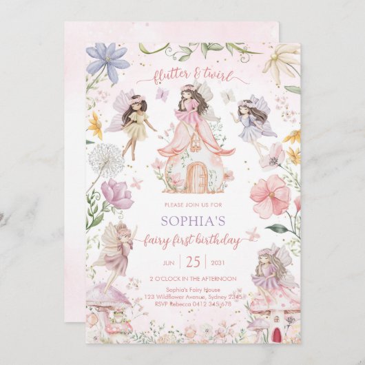 Invitation Flutter and Twirl Fairy First 1st Birthday (Devant / Derrière)