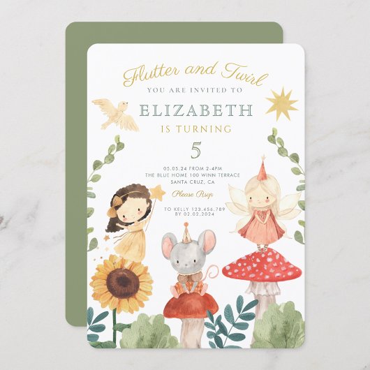 Invitation Flutter et tourbillon Enchanted Fée Anniversaire