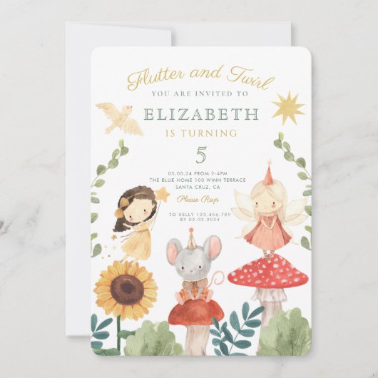 Invitation Flutter et tourbillon Enchanted Fée Anniversaire (Devant)