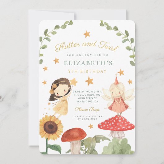 Invitation Flutter et tourbillon Enchanted Fée Anniversaire (Devant)