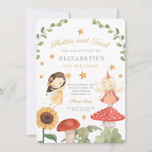 Invitation Flutter et tourbillon Enchanted Fée Anniversaire (Devant)